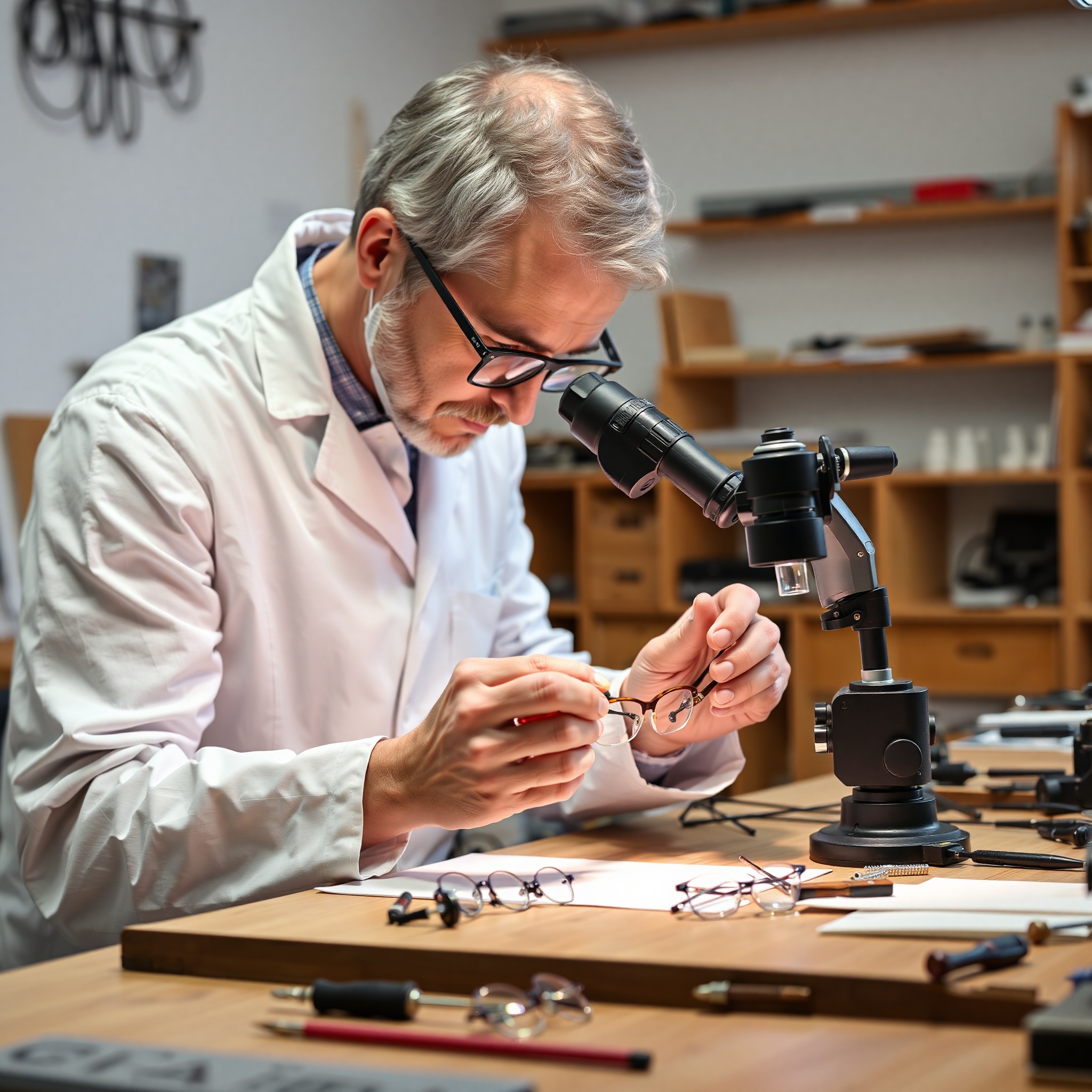 Professional optician carefully repairing eyeglass frame at workbench with precision tools