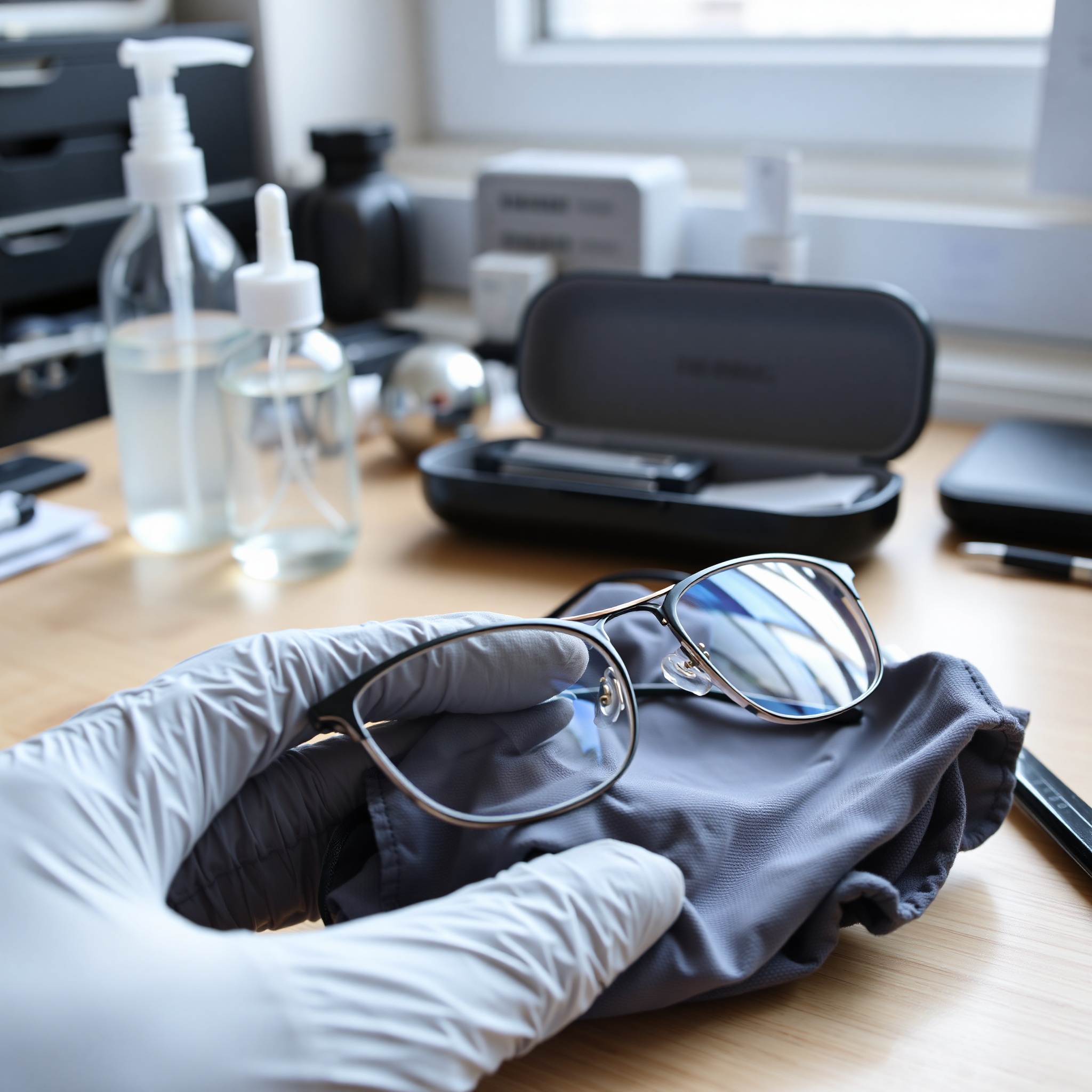 Maintenance demonstration showing professional cleaning and care of eyeglasses