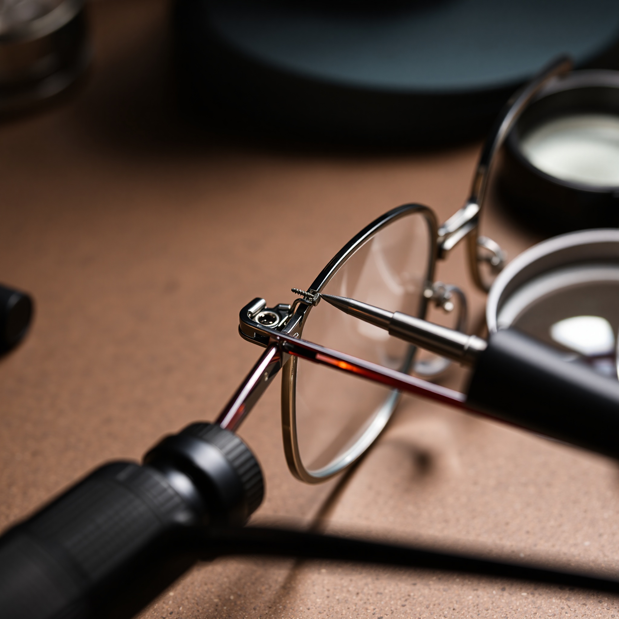 Close-up of eyeglass hinge being tightened with precision screwdriver in professional repair setting