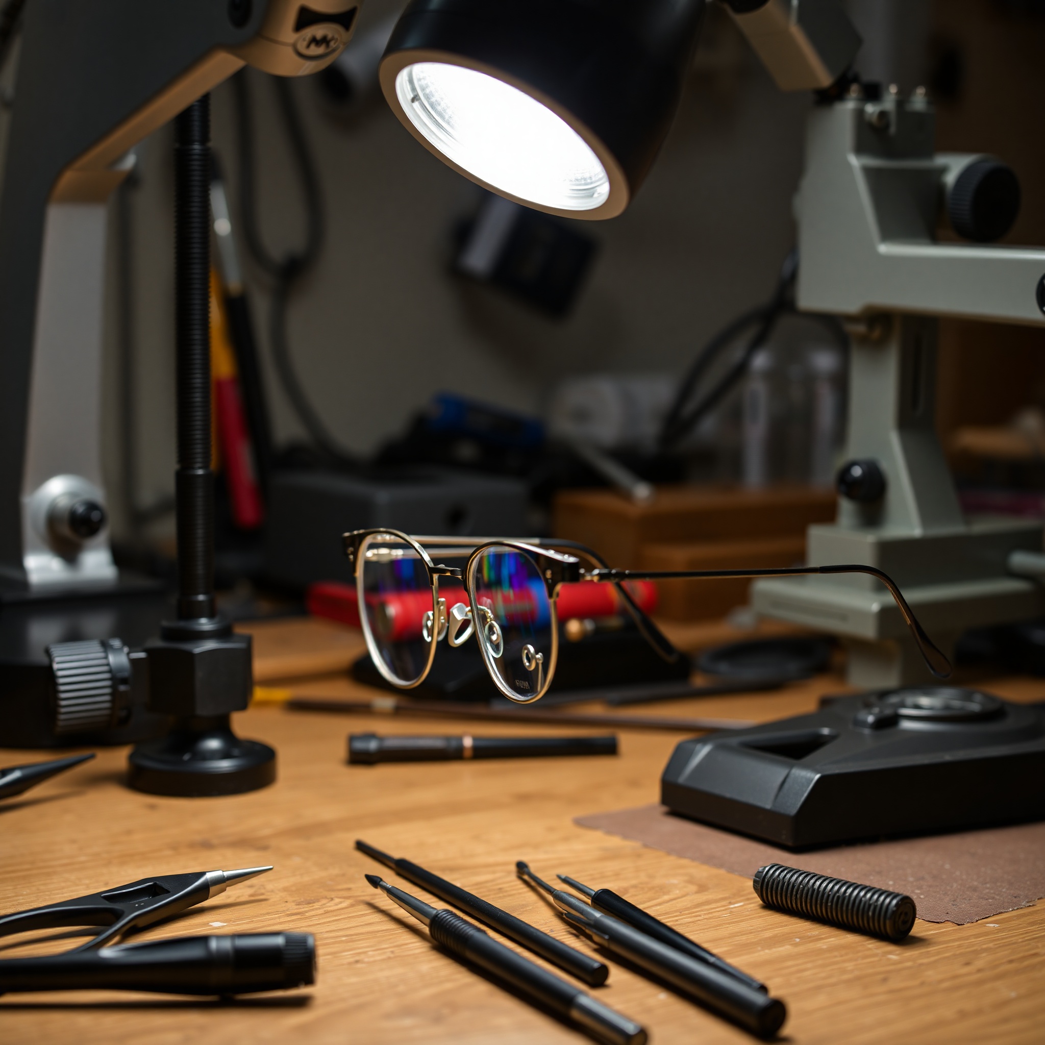 Professional frame repair and adjustment workspace with specialized tools