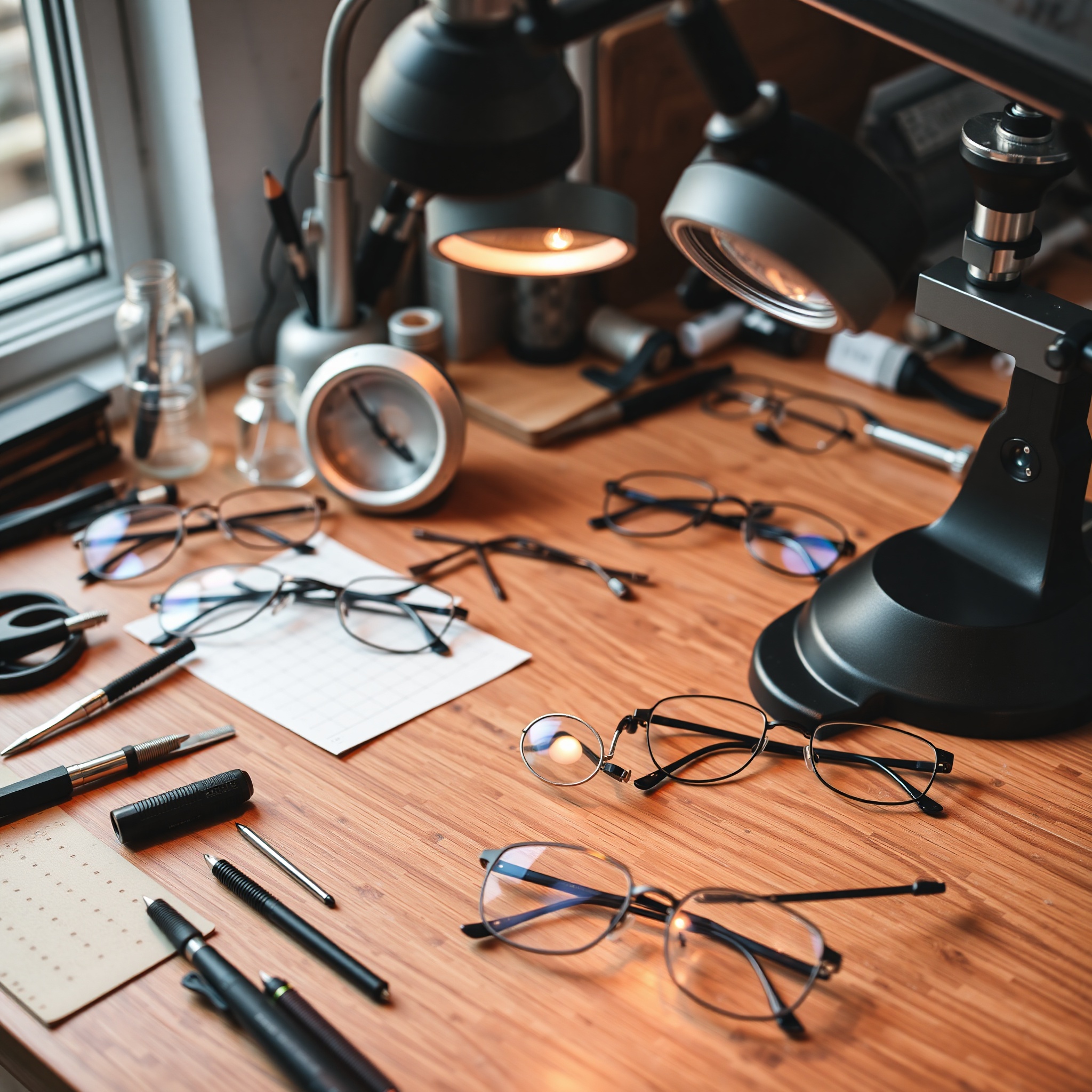 Professional eyeglasses repair workspace with tools and frames