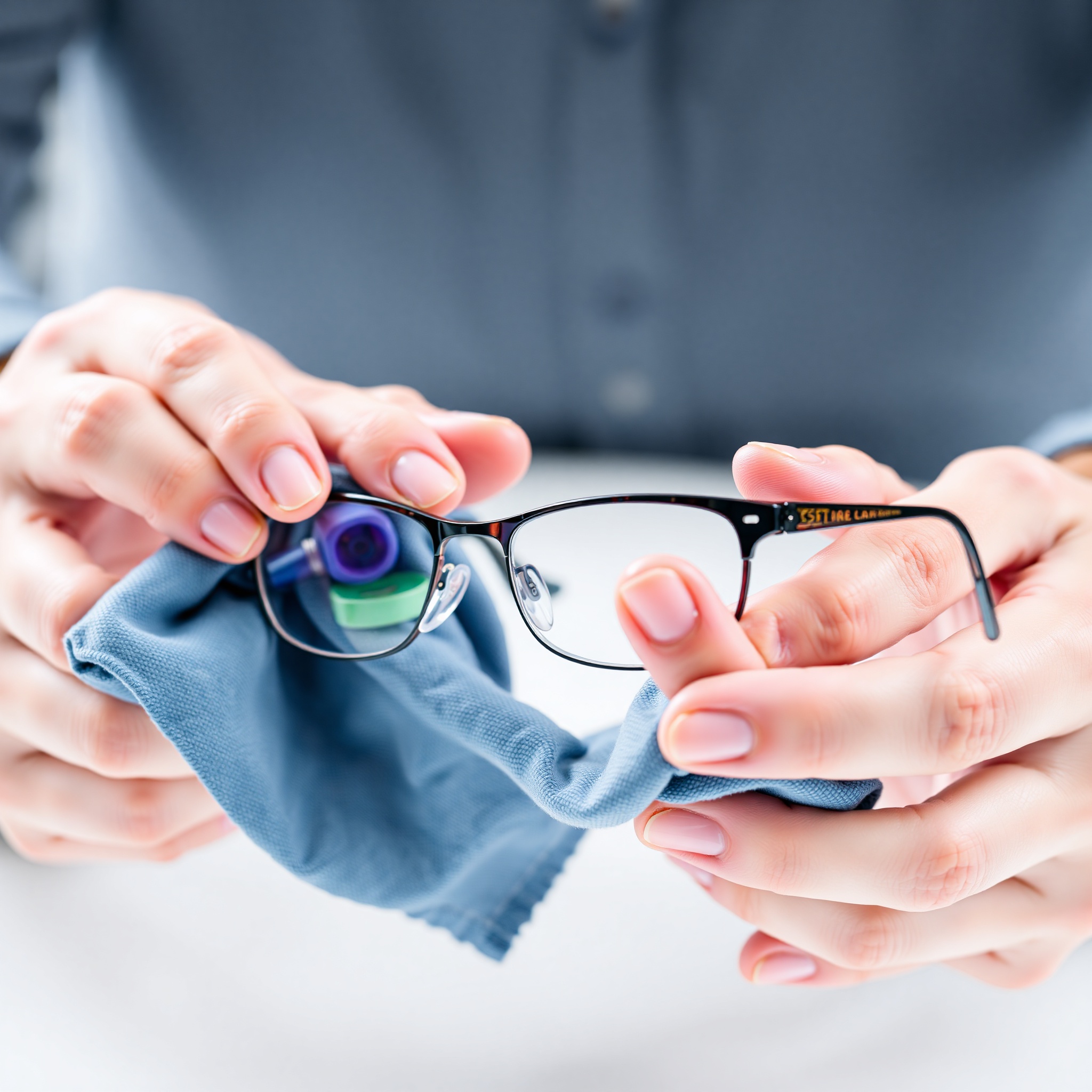 Eyeglasses being carefully cleaned with microfiber cloth in proper maintenance technique