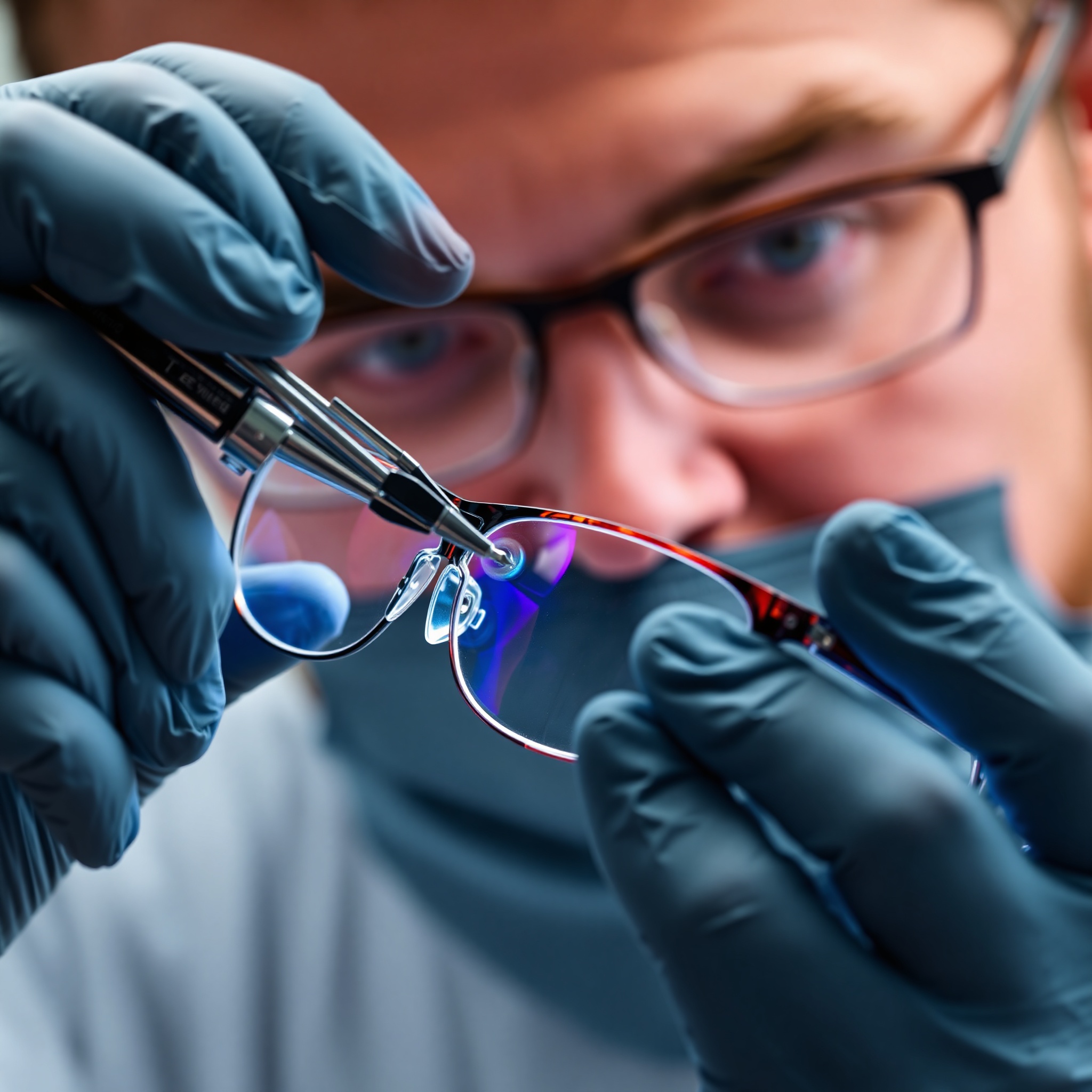 Eyeglass lens replacement procedure showing old lens being removed from frame at optometry clinic