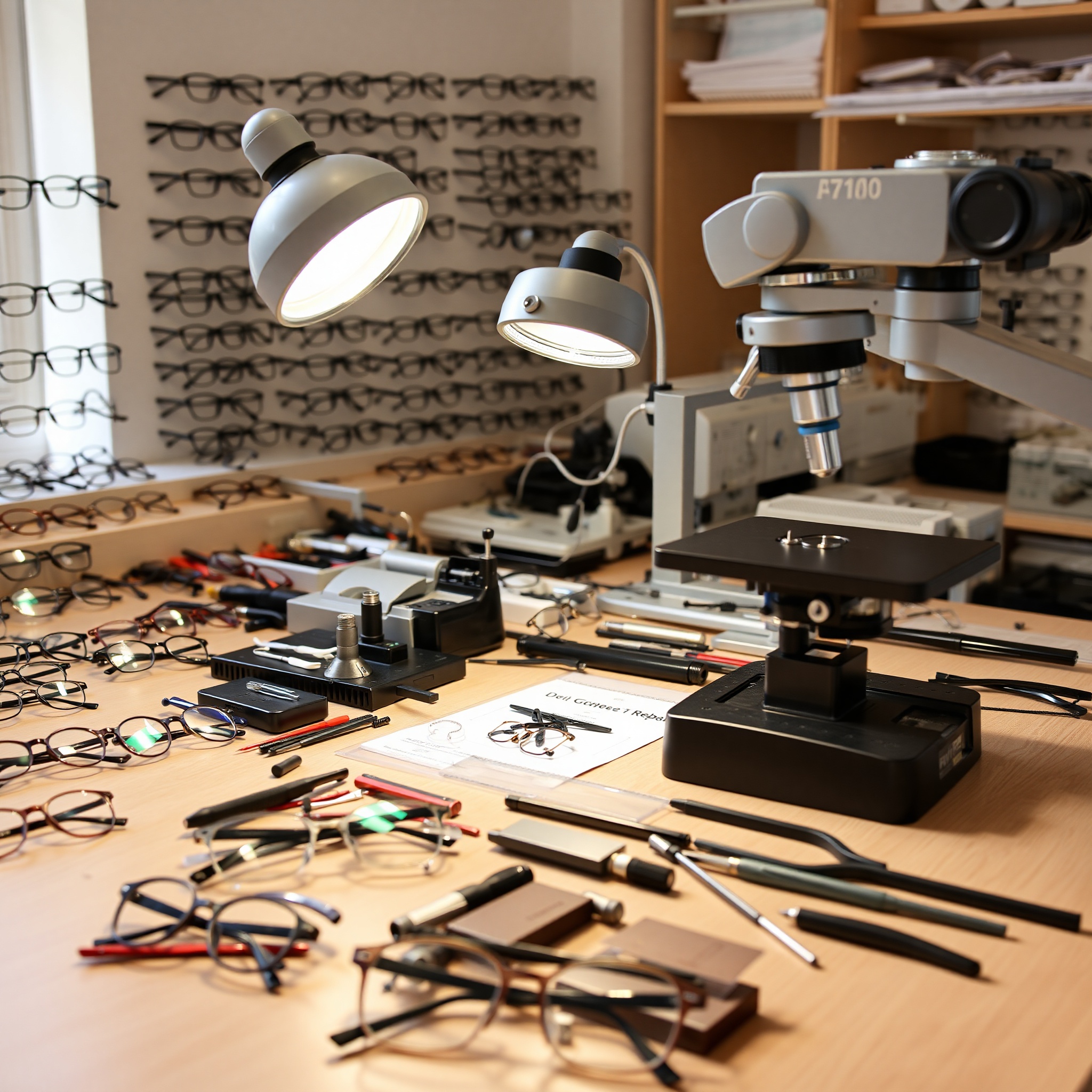 Professional eyeglasses frame repair workspace with tools and optical equipment