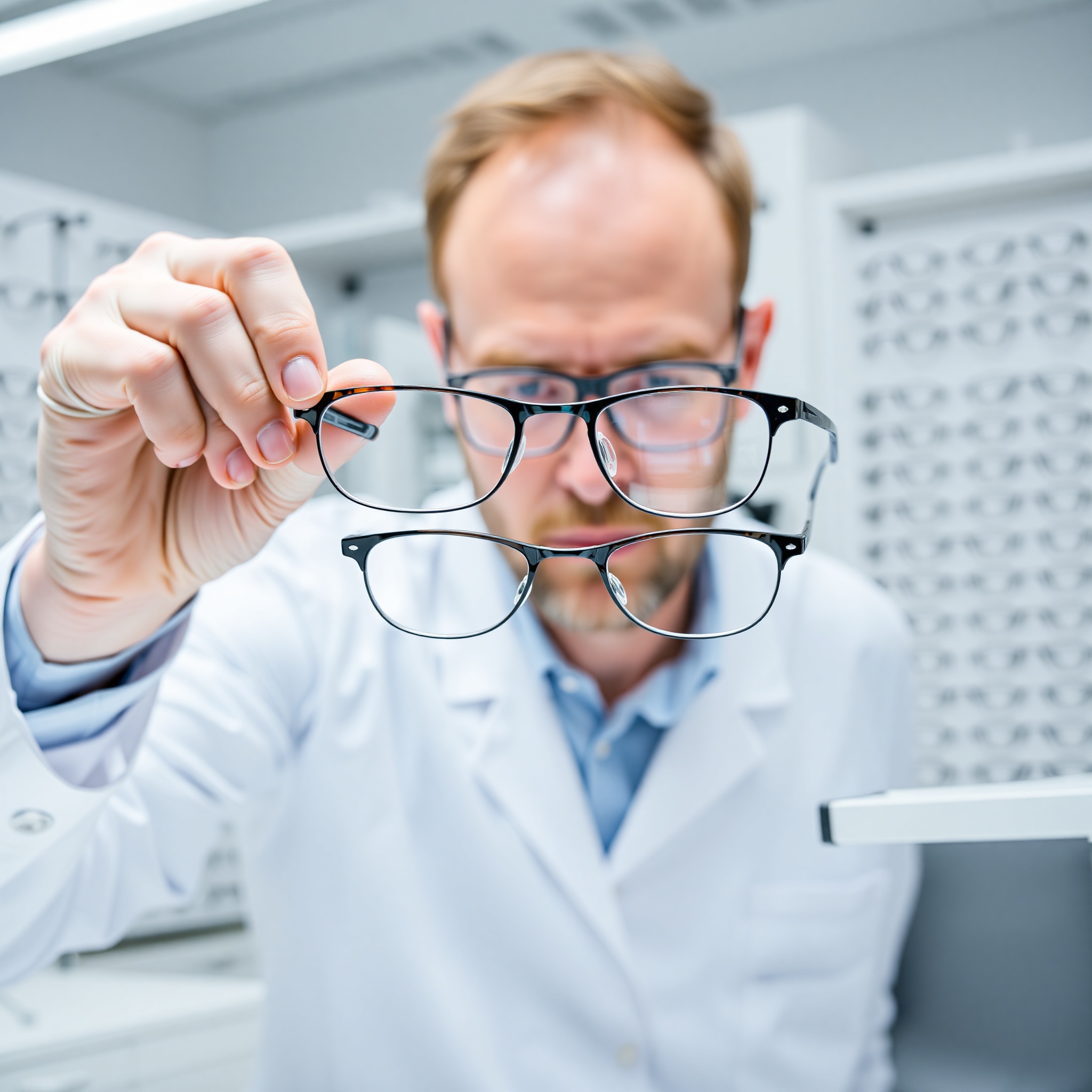 Optical technician examining prescription lenses under laboratory lighting during lens replacement procedure