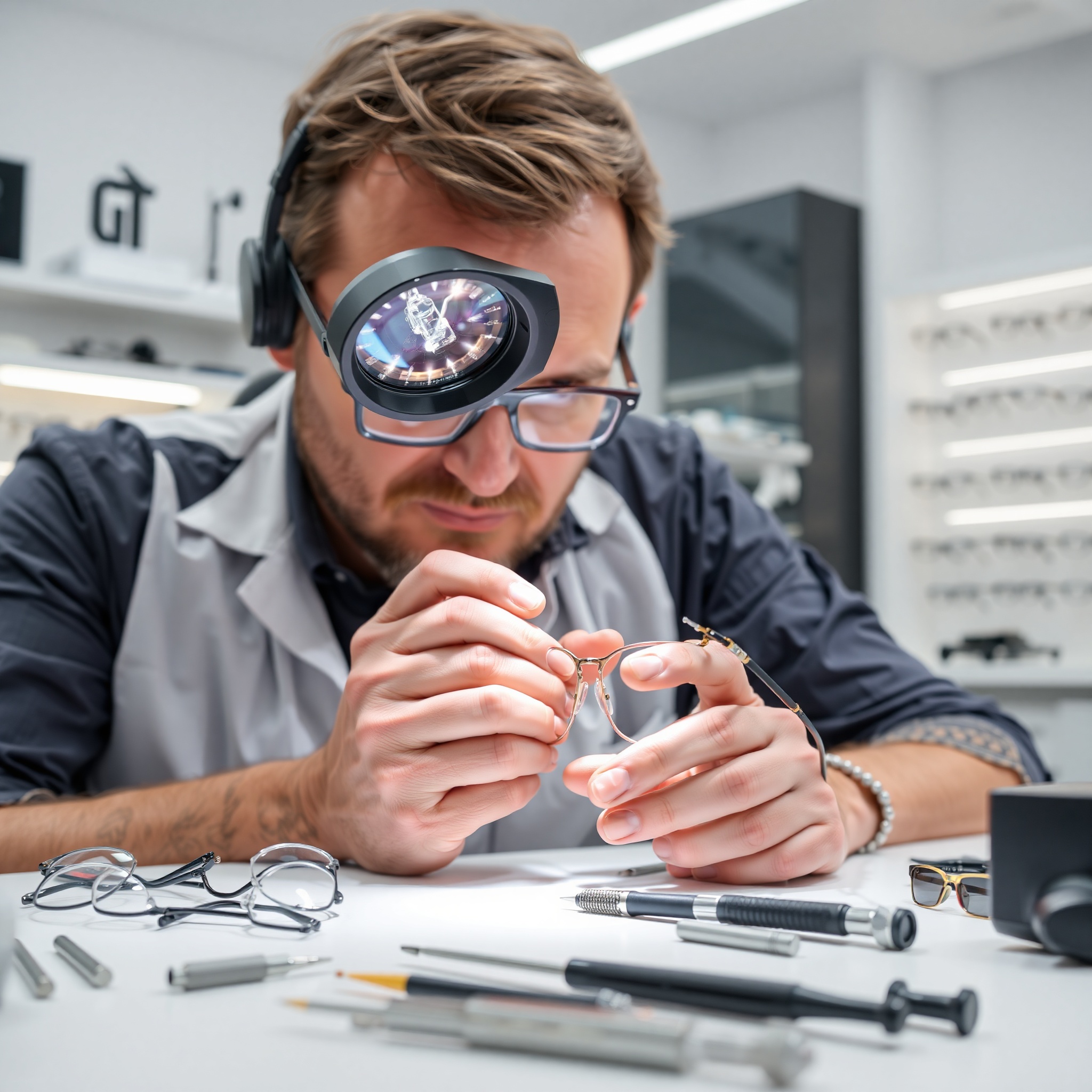 Professional repair technician examining damaged eyeglass hinge with magnification equipment