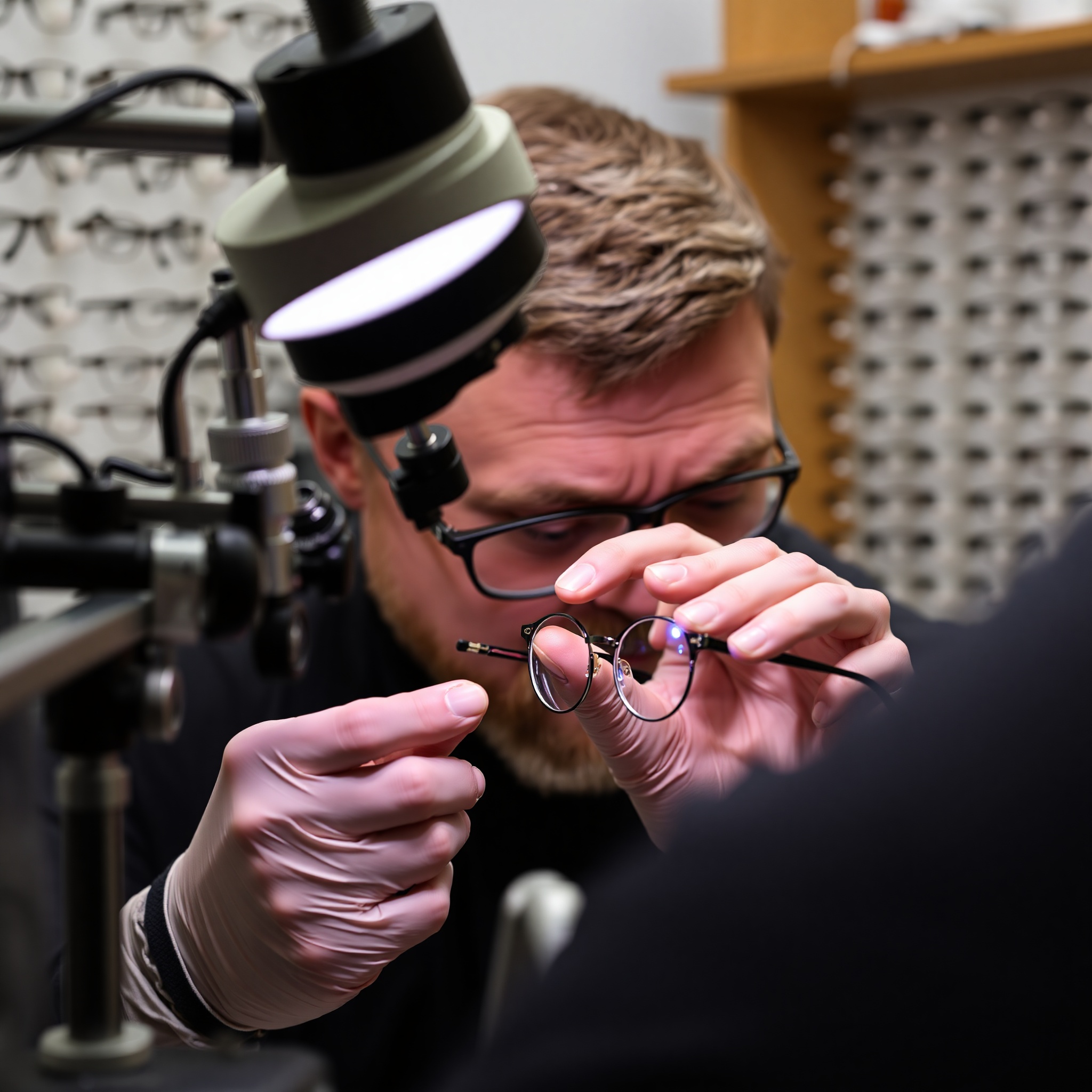 Lens replacement process demonstration with optical equipment