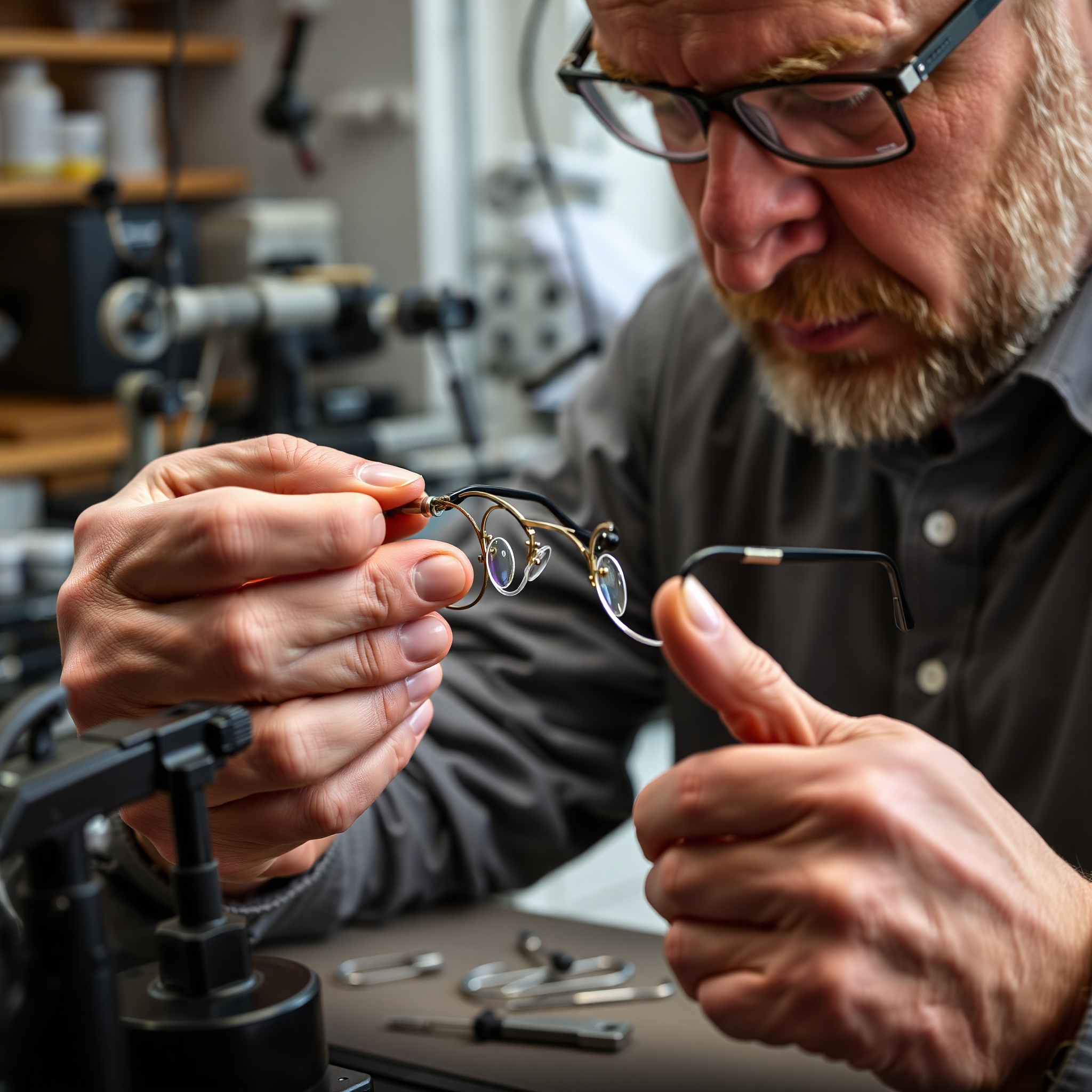 Professional photo of eyeglass frame repair work, optician adjusting bent frame with precision tools