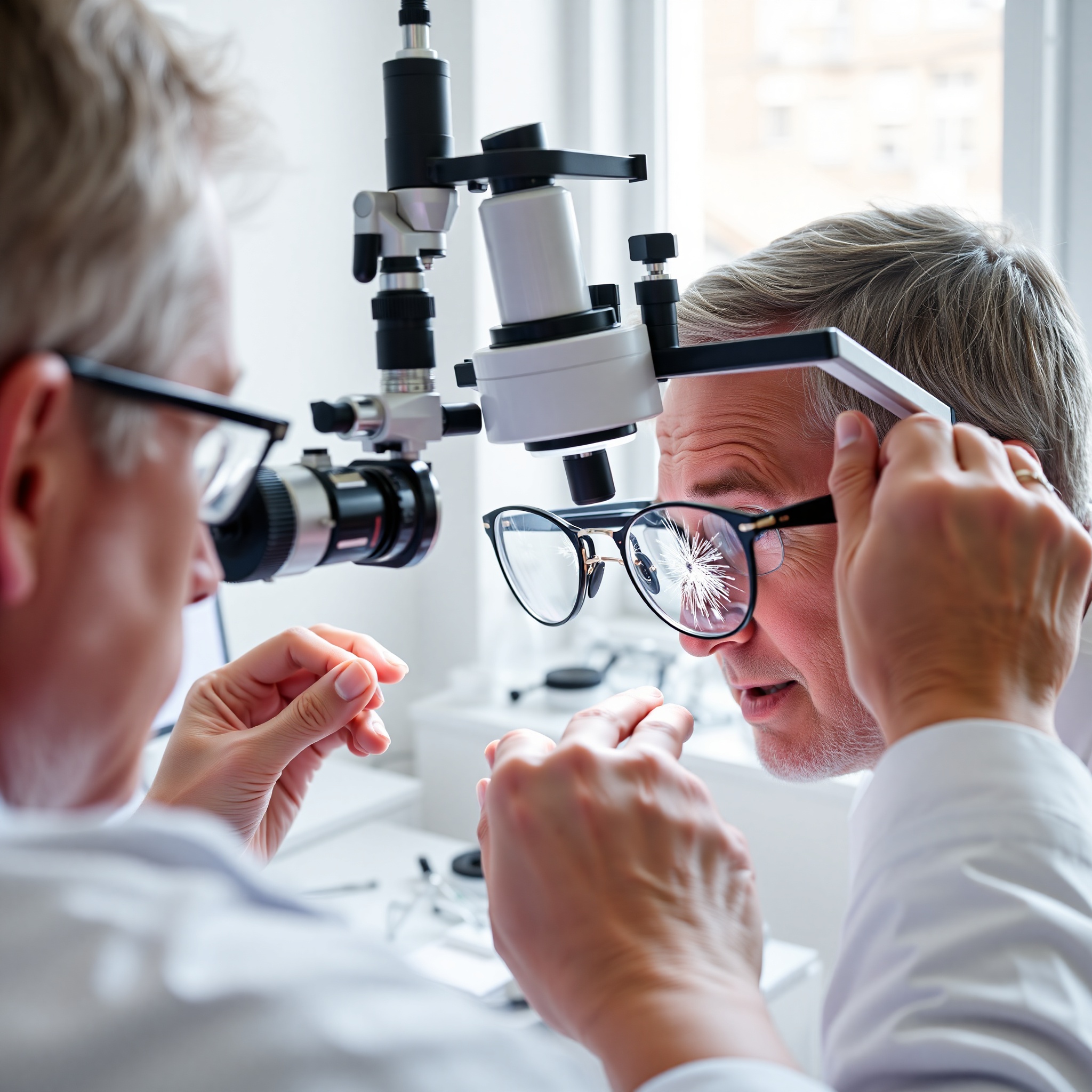 Professional photo of optometrist examining damaged eyeglass lenses on a light table, magnifying lens in hand, clinical setting with eye care tools