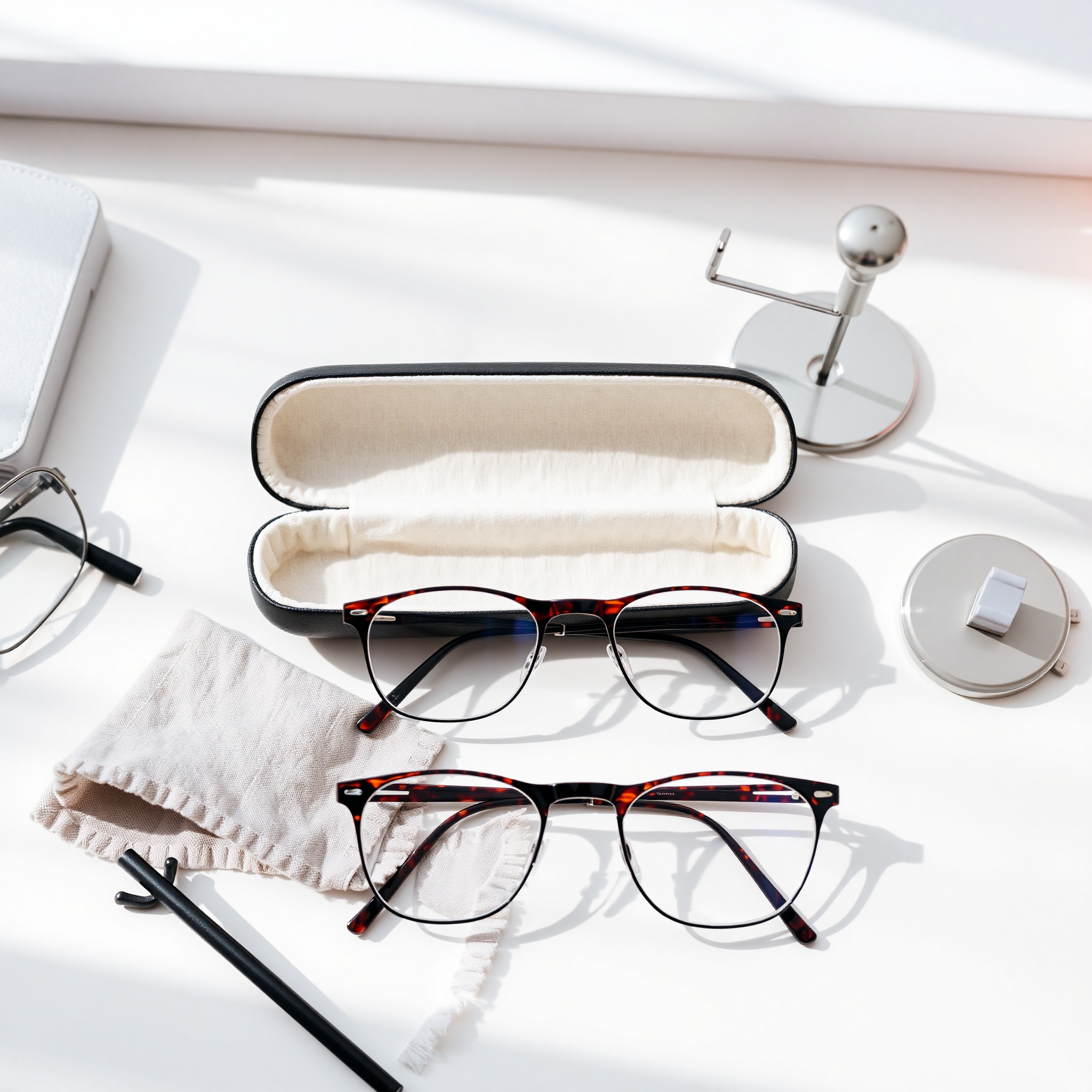 Professional eyeglass storage setup with protective case and cleaning cloth