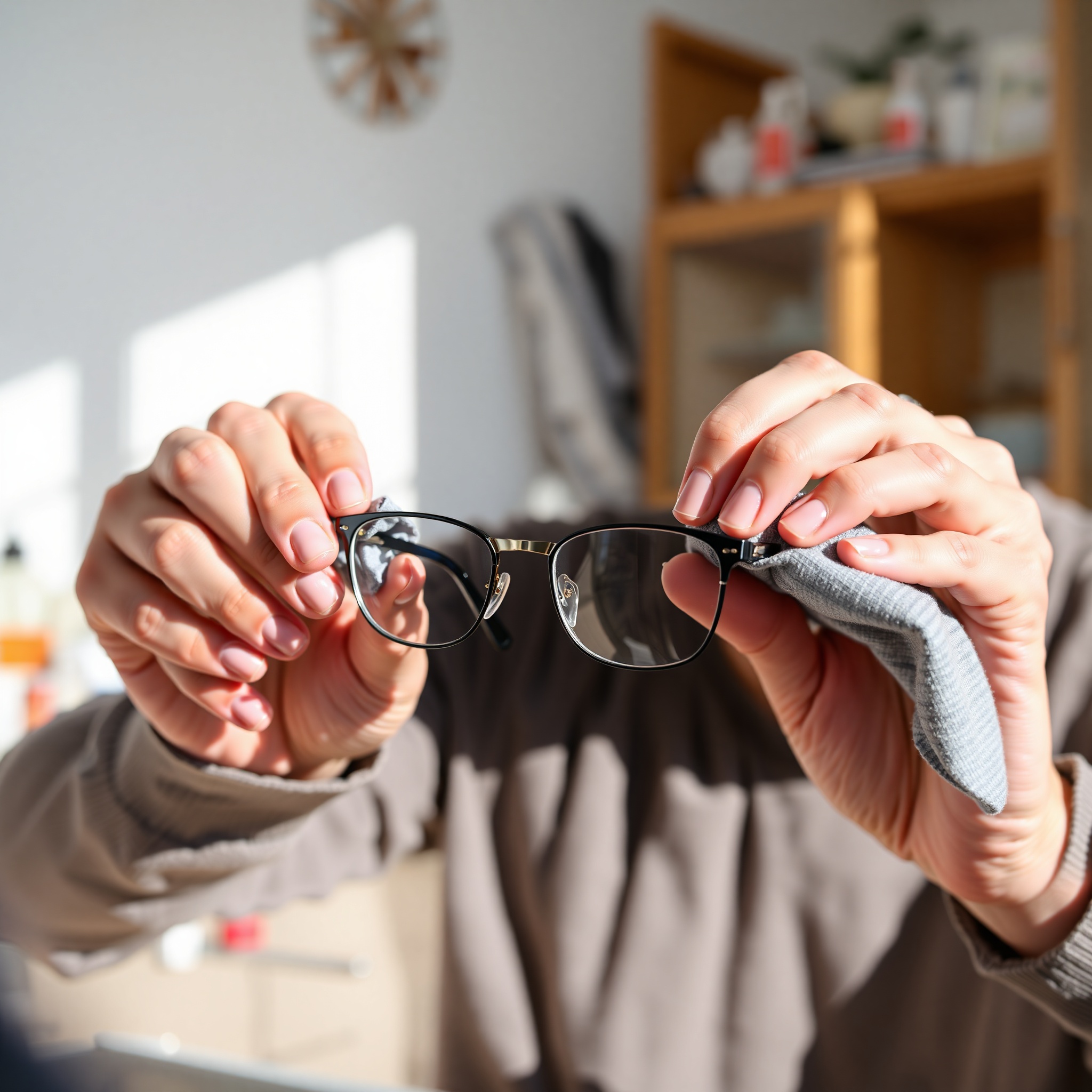 Professional photo of person carefully cleaning eyeglasses with microfiber cloth in home environment