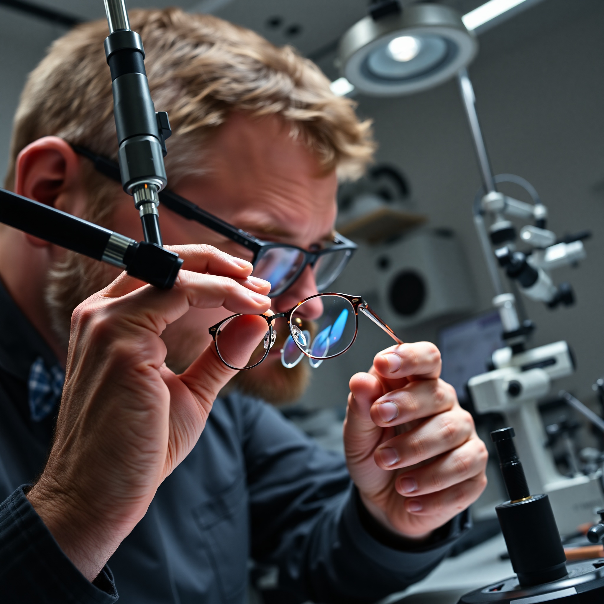 Professional photo of optician installing new lenses into eyeglass frames using precision tools at workbench, with replacement lenses and equipment visible