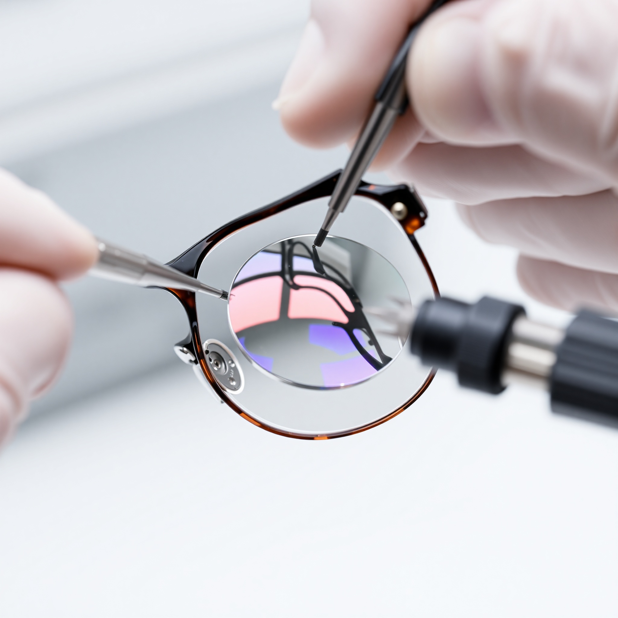 Close-up view of lens replacement procedure showing old lens removal from frame assembly