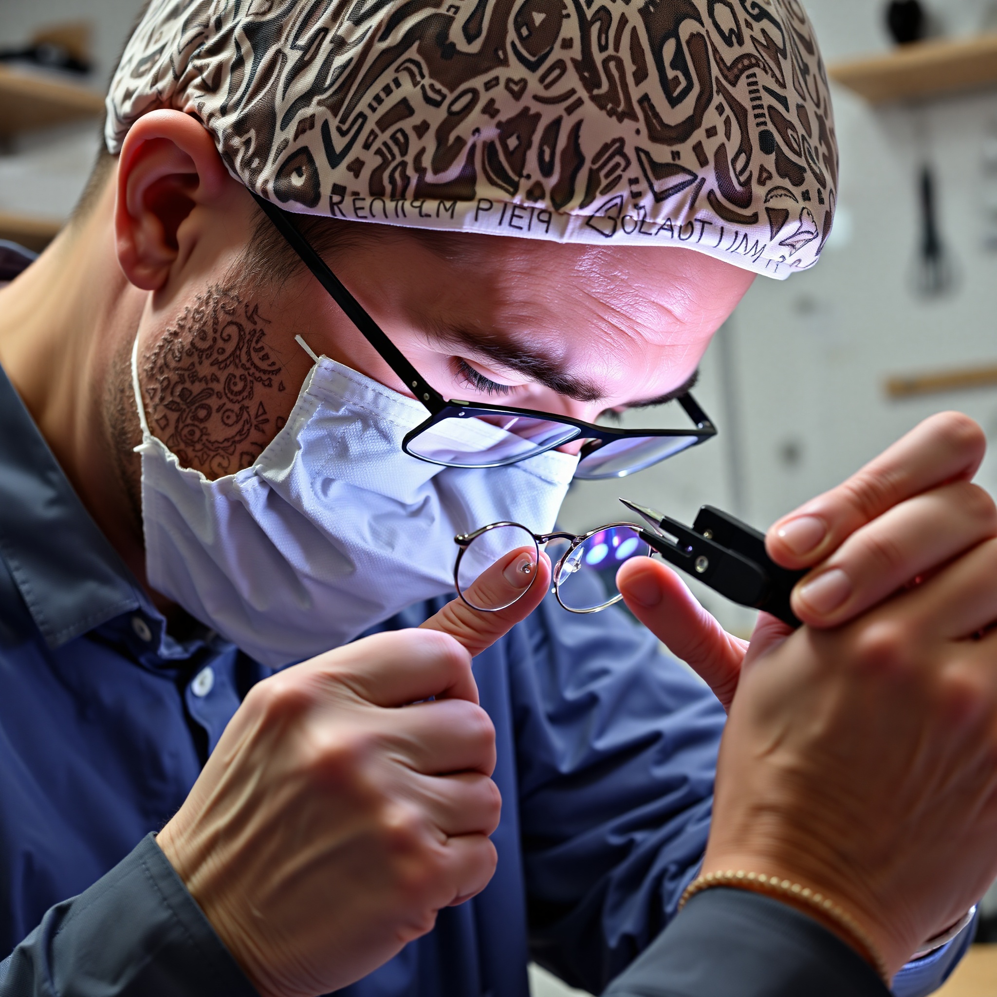 Professional optician carefully repairing eyeglass frame at workbench with precision tools
