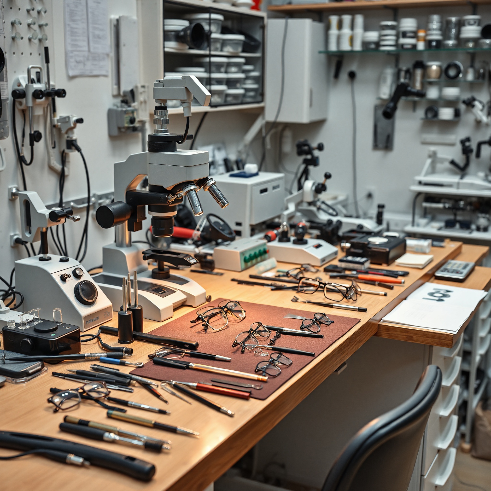 Complete eyeglasses repair workstation with organized tools, materials, and quality control setup
