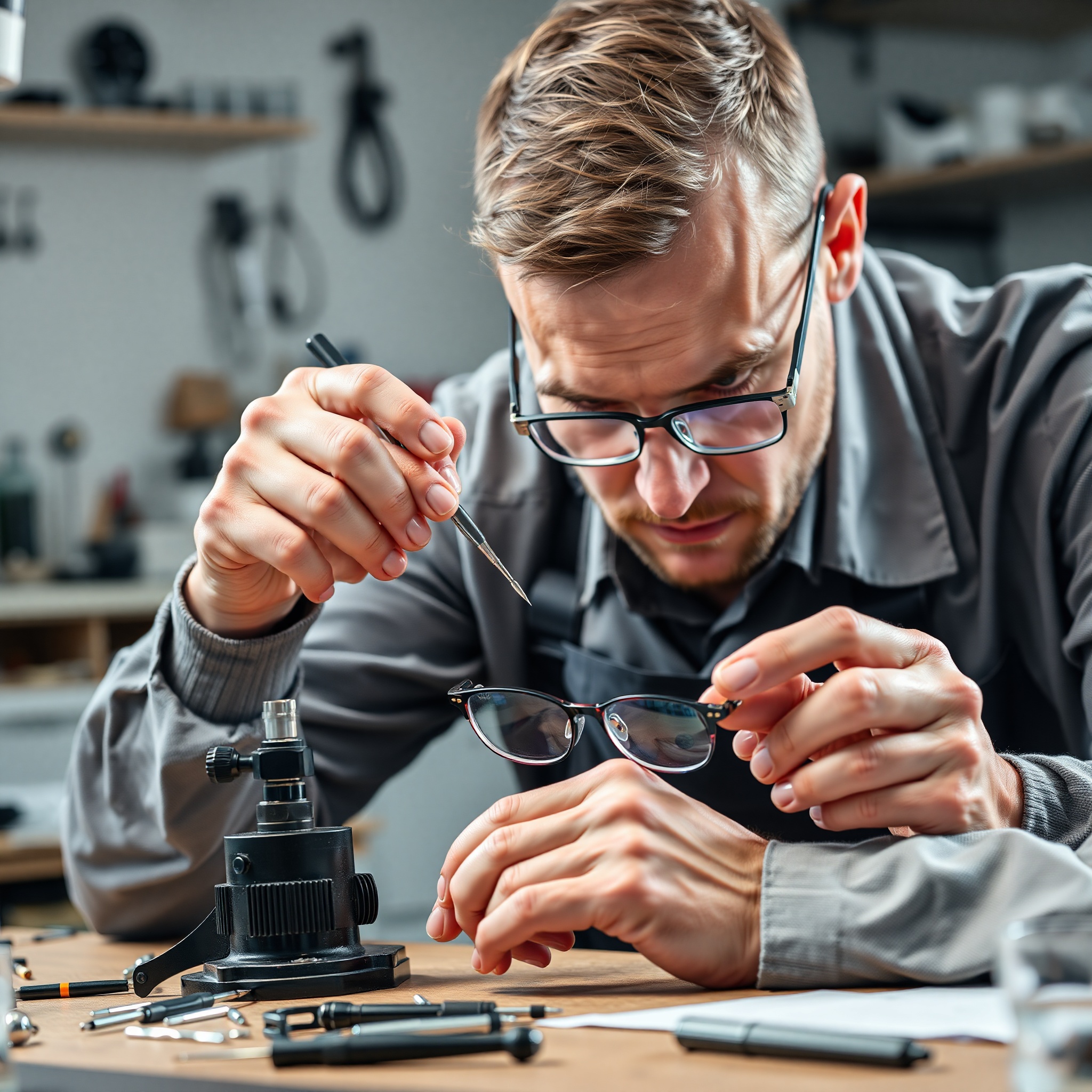Professional optician performing precision eyeglasses repair with specialized tools at workbench